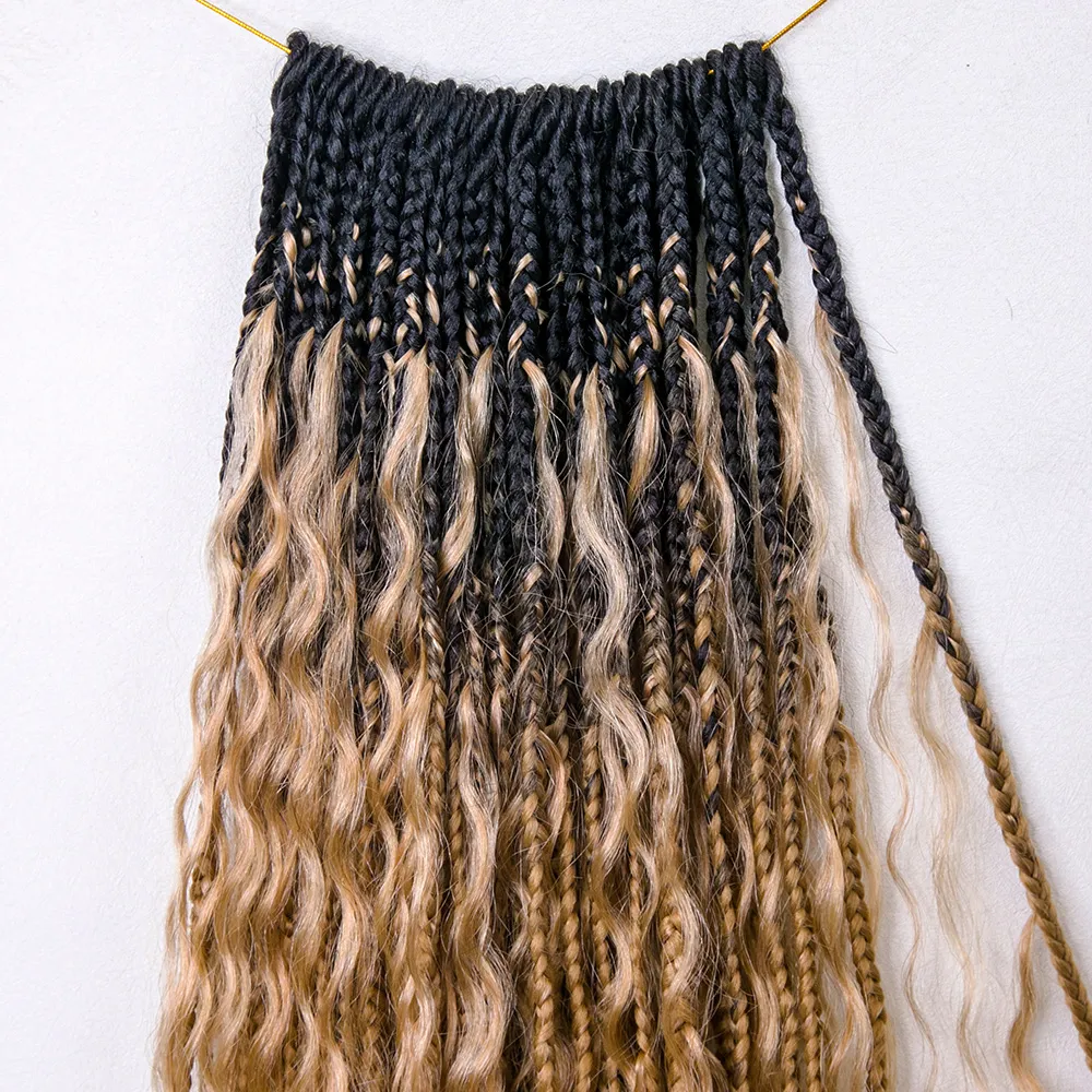 Ombre Honey Blonde Crochet Boho Box Braids with Human Hair Curls - Image 4