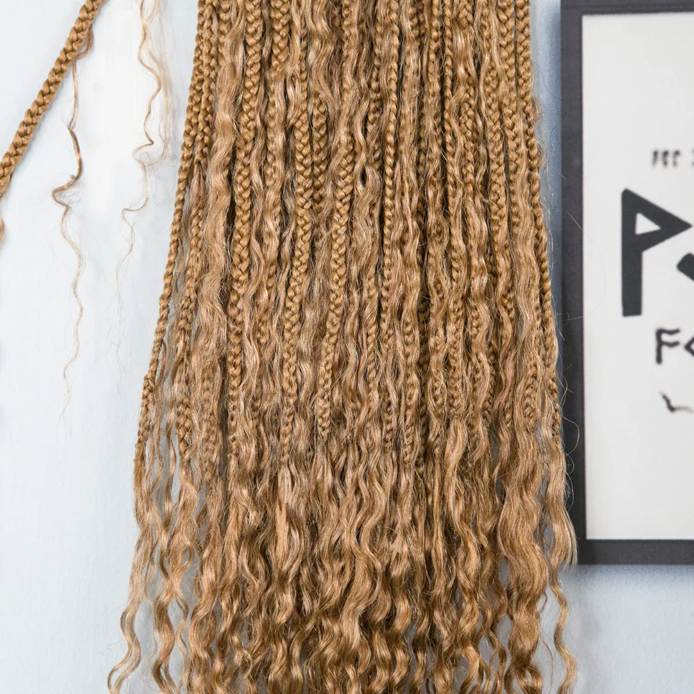 Honey Blonde Crochet Boho Box Braids with Human Hair Curls - Image 4