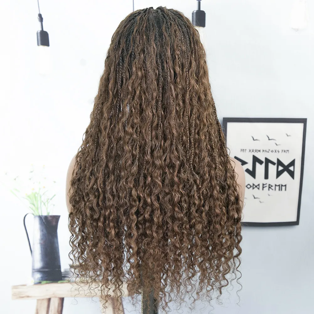 Ombre Brown HD Lace Bohemian Human Hair Full Lace Braided Wig - Image 6