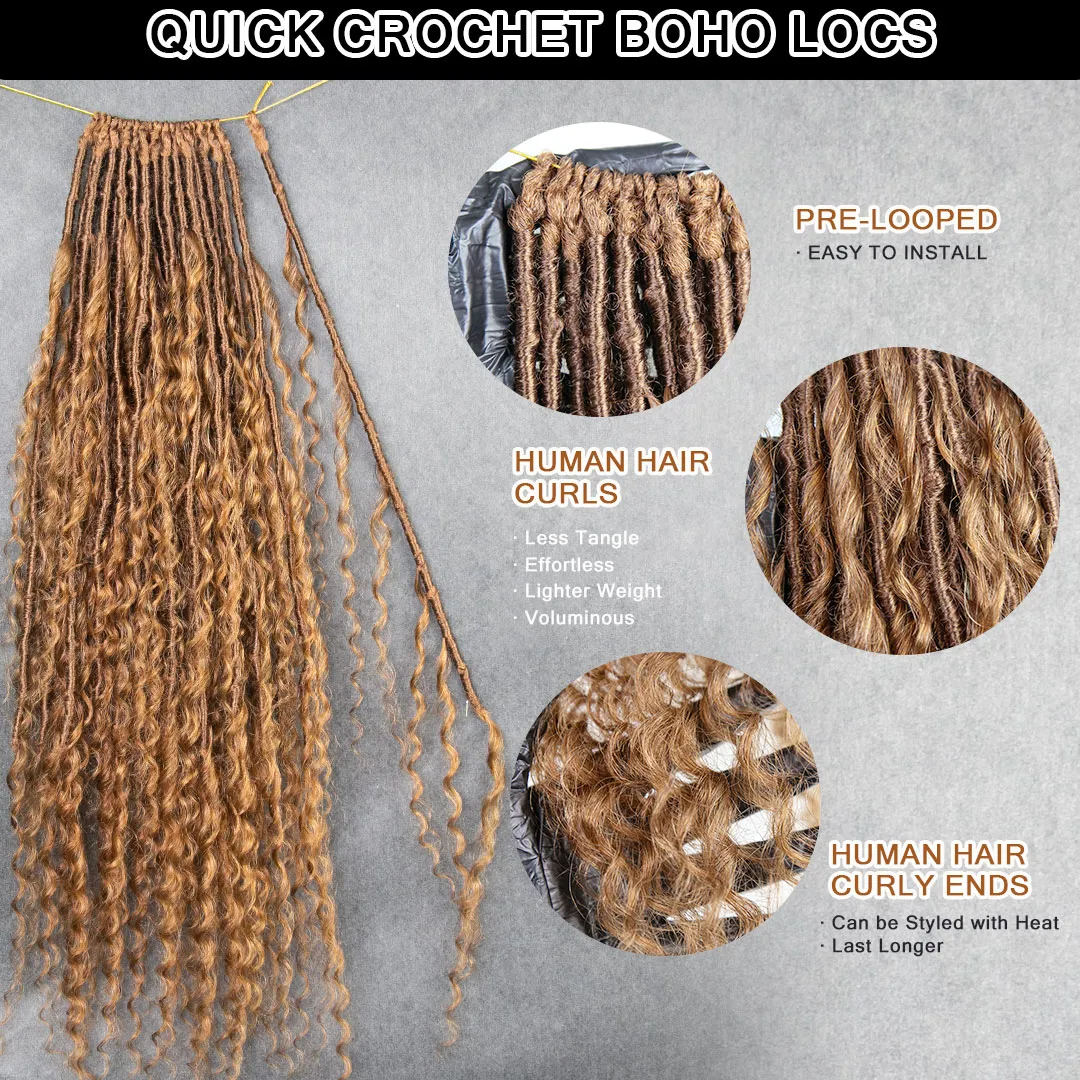 Pre-looped Light Auburn Crochet Boho Locs with Human Hair Curls - Image 3