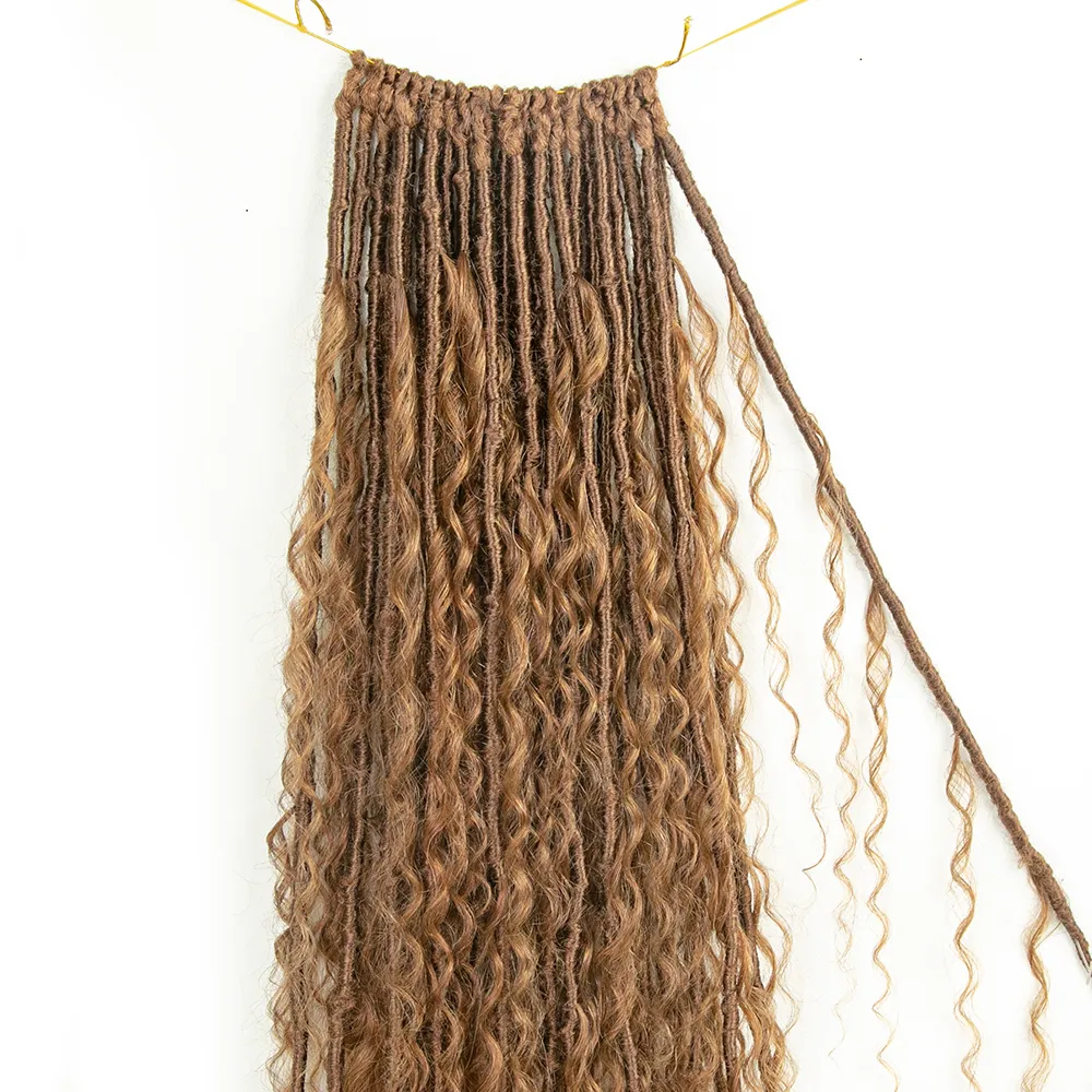 Pre-looped Light Auburn Crochet Boho Locs with Human Hair Curls - Image 6