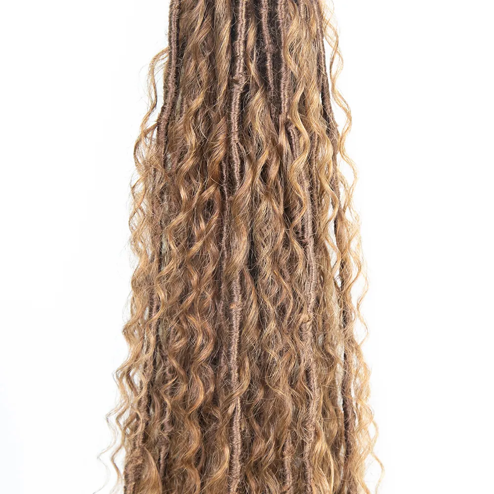 Pre-looped Light Auburn Crochet Boho Locs with Human Hair Curls - Image 7