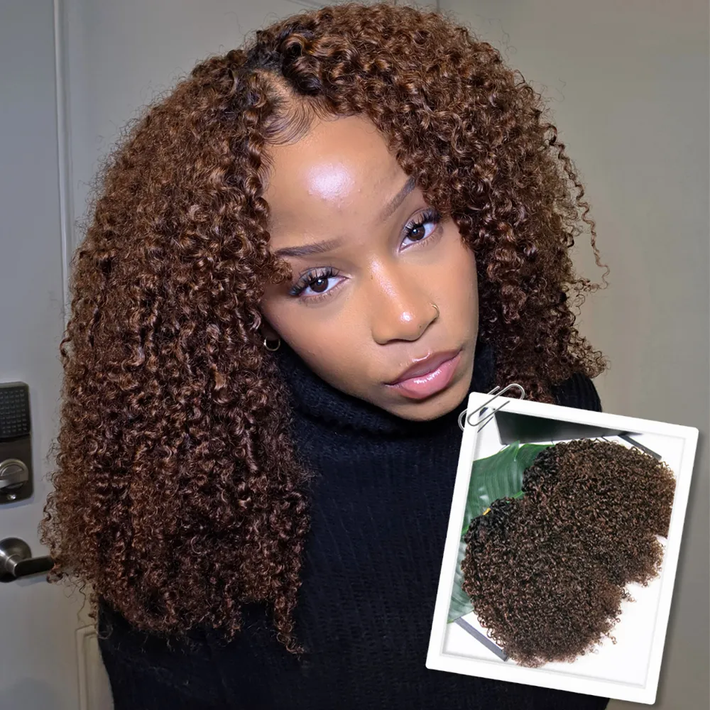 #T1B/4 Medium Brown Multi-Textured Kinky Curly Human Crochet Hair with Dark Roots